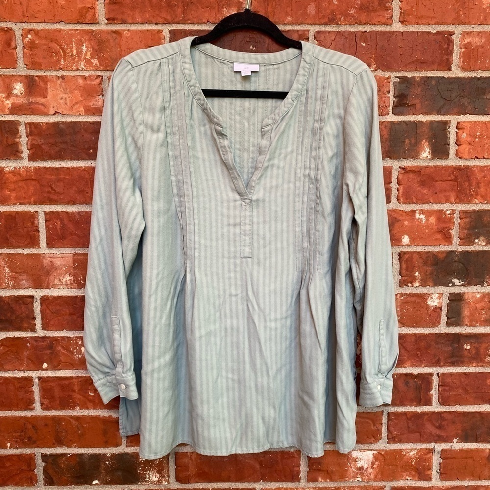J. Jill Womens Large Petite Green Vneck Pintuck Long Sleeve Tunic Top